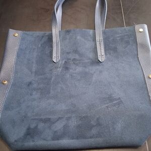 Faux Suede & Pebbled Leather Dark Teal Tote Bag   Size 17"×14"
